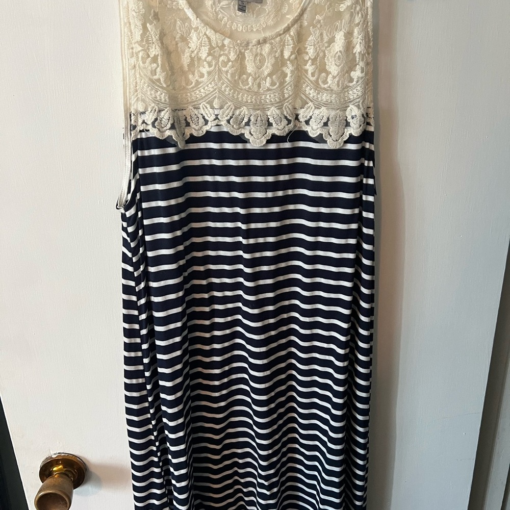 JODIFL Navy and White Striped Midi Dress with Lace